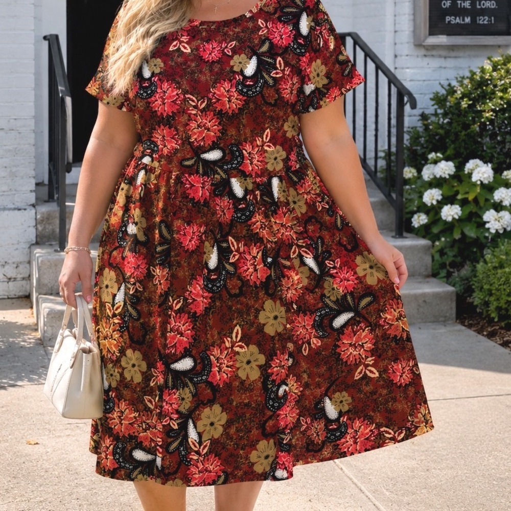 LuLaRoe Amelia Dress Womens 2XL Red‎ Floral Paisley Short Sleeve Pleated  X3